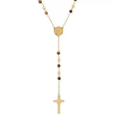 Men's 18k gold plated stainless steel and tiger eye Lords prayer rosary
