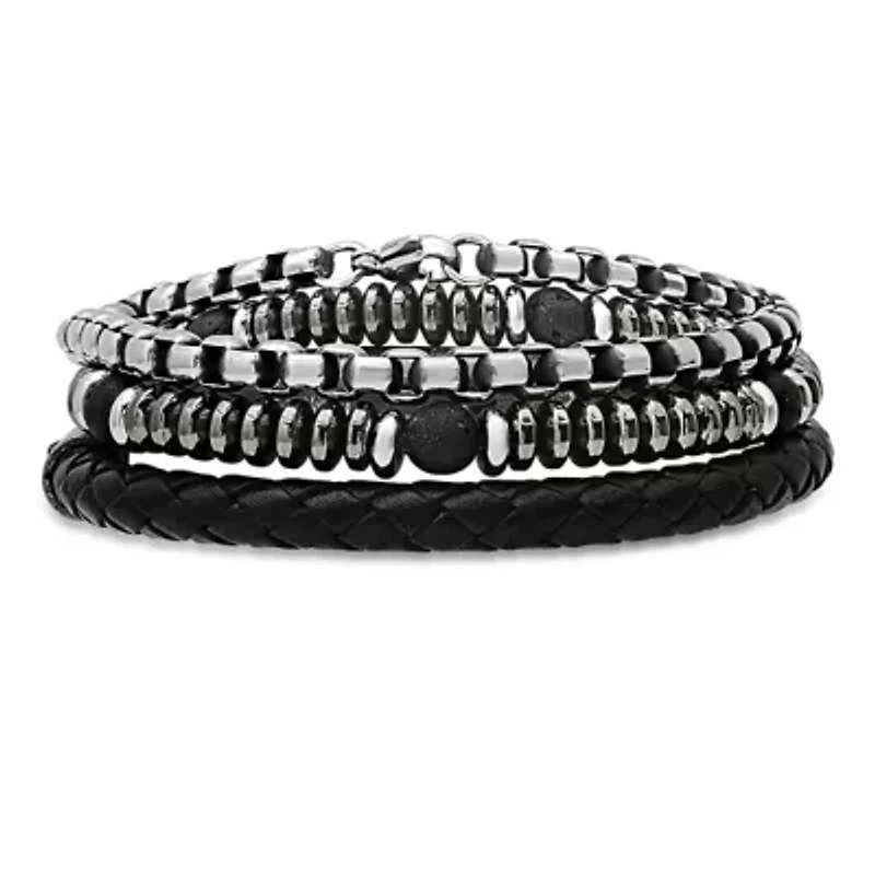 Men's black leather, stsainless steel, black lava, hematite beads 3pc bracelets set