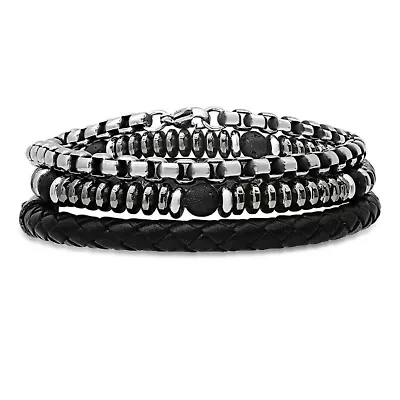 Men's black leather, stsainless steel, black lava, hematite beads 3pc bracelets set