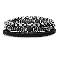 Men's black leather, stsainless steel, black lava, hematite beads 3pc bracelets set