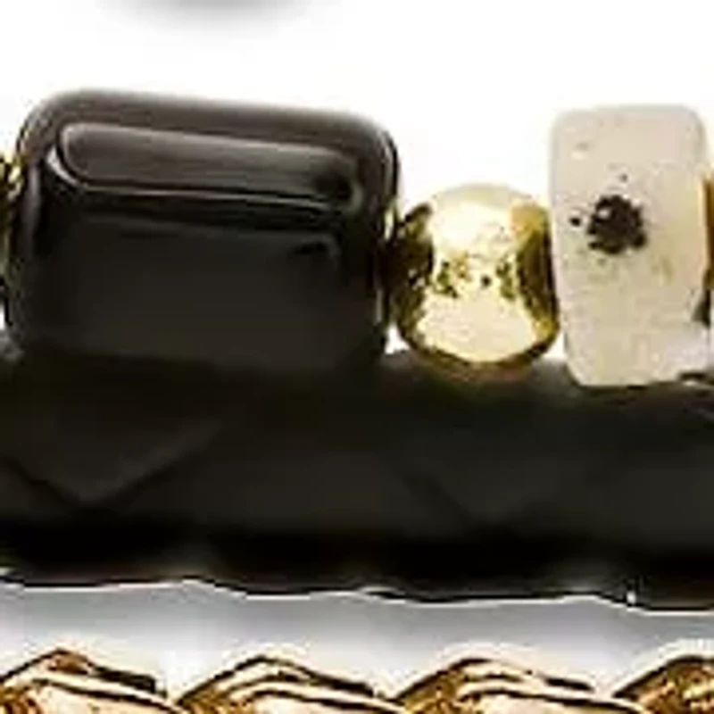 Men's black leather, 18k gold plated stsainless steel, white & black agate beads 3pc bracelets set