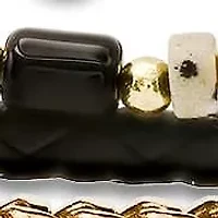 Men's black leather, 18k gold plated stsainless steel, white & black agate beads 3pc bracelets set