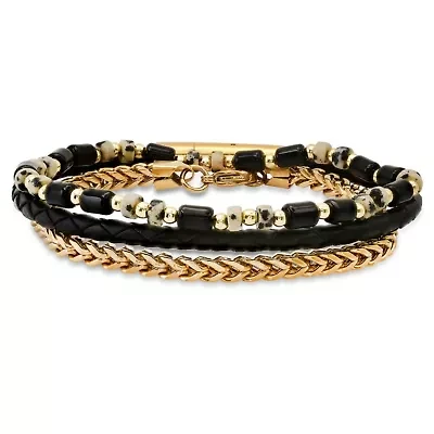 Men's black leather, 18k gold plated stsainless steel, white & black agate beads 3pc bracelets set