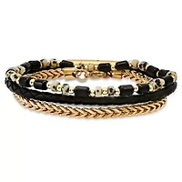 Men's black leather, 18k gold plated stsainless steel, white & black agate beads 3pc bracelets set