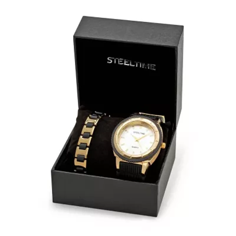 Men's 18kt gold plated alloy face, stainless steel backing watch/bracelet set