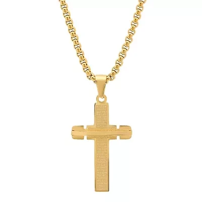 Men's 18k gold plated stainless steel padre nuestro cross pendant with bar