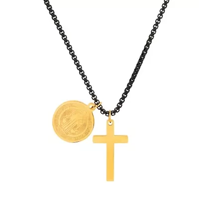 Men's two tone blaci ip and 18k gold plated stainless steel cross and St. Benedict pendant