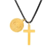 Men's two tone blaci ip and 18k gold plated stainless steel cross and St. Benedict pendant