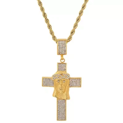 Men's 18k gold plated stainless steel and simulated diamonds cross/Jesus face pendant