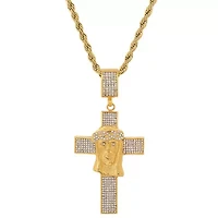 Men's 18k gold plated stainless steel and simulated diamonds cross/Jesus face pendant