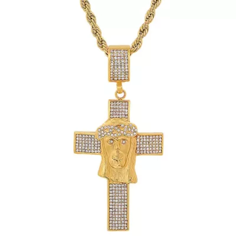 Men's 18k gold plated stainless steel and simulated diamonds cross/Jesus face pendant