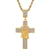 Men's 18k gold plated stainless steel and simulated diamonds cross/Jesus face pendant