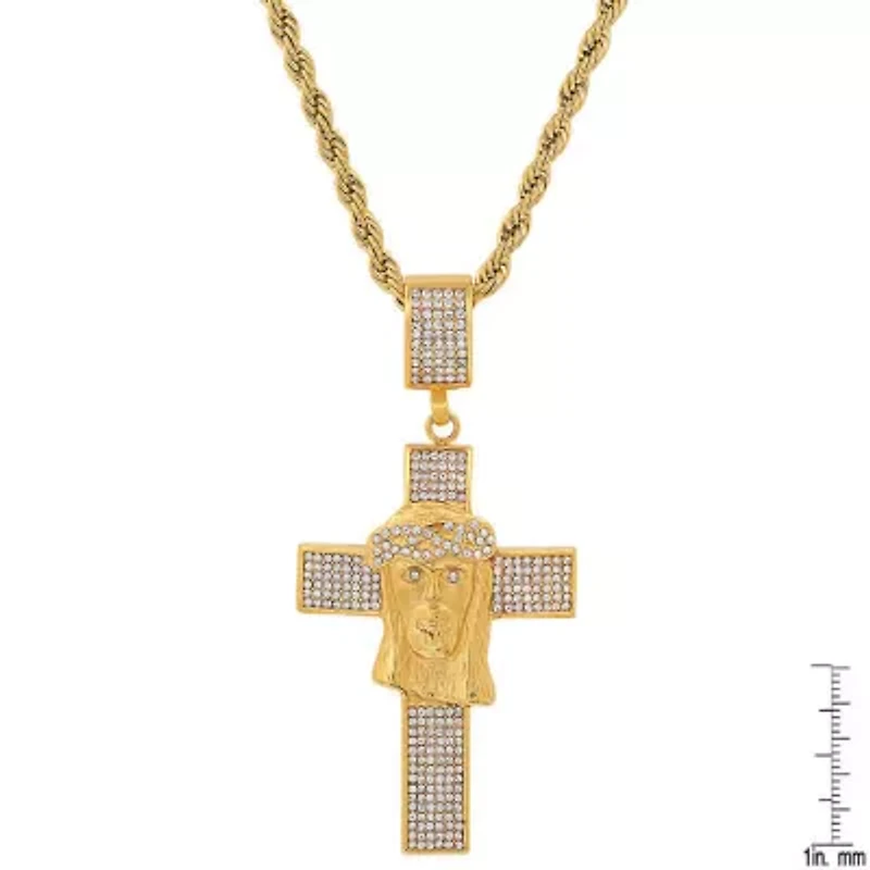 Men's 18k gold plated stainless steel and simulated diamonds cross/Jesus face pendant