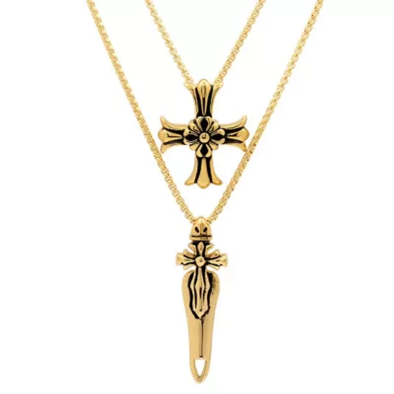 Men's 18k gold plated stainless steel double layer cross and sword necklace