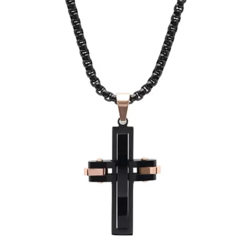 Men's black ip stainless steel and 18k rose gold plated stainless steel cross pendant
