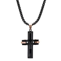 Men's black ip stainless steel and 18k rose gold plated stainless steel cross pendant