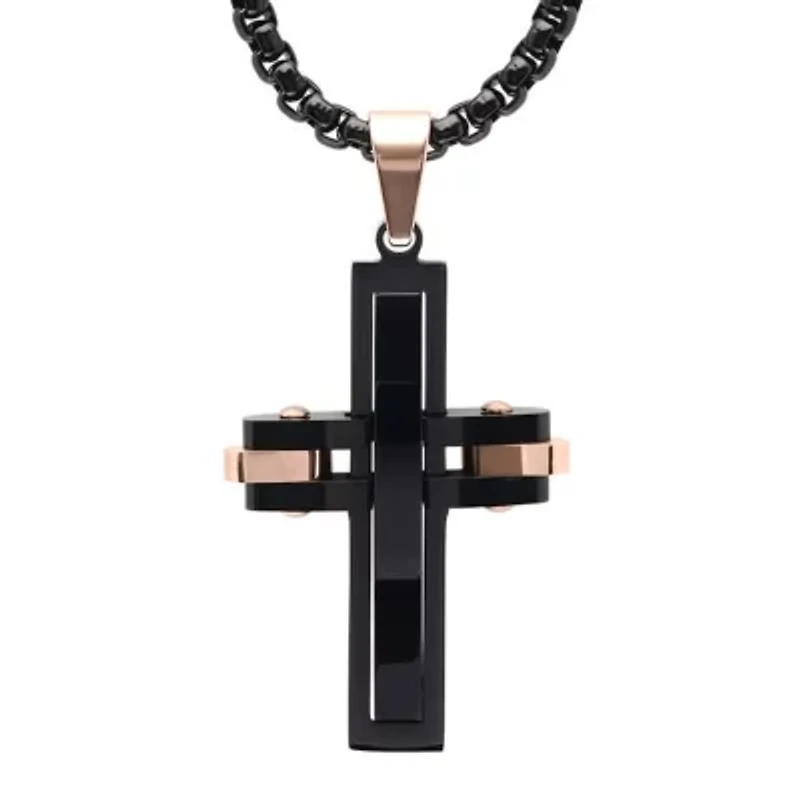 Men's black ip stainless steel and 18k rose gold plated stainless steel cross pendant