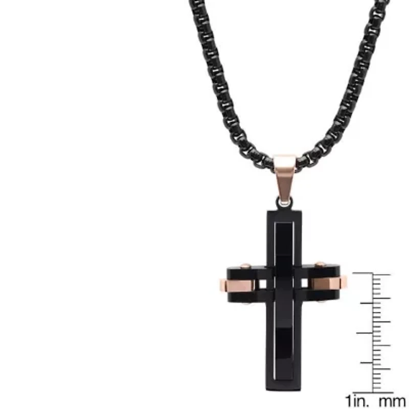 Men's black ip stainless steel and 18k rose gold plated stainless steel cross pendant