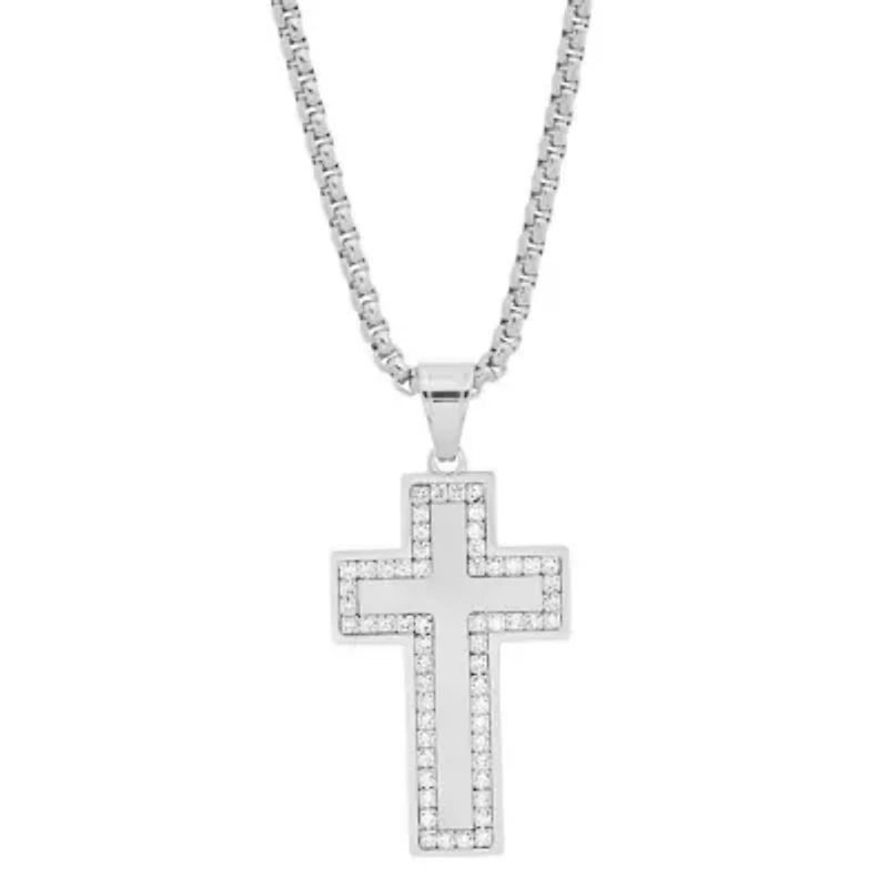 Men's stainless steel and simulated diamond cross pendant