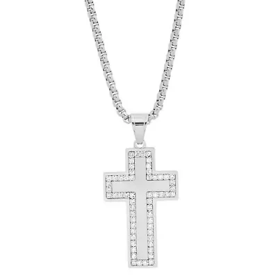 Men's stainless steel and simulated diamond cross pendant