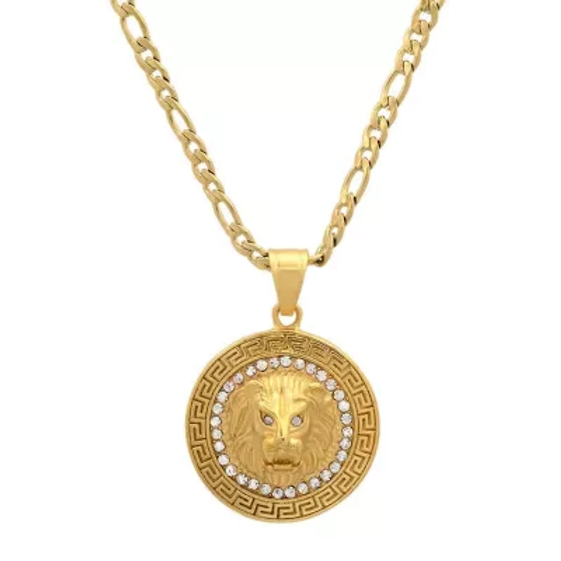Men's 18k gold plated stainless steel lion head round pendant with simulated diamonds and greek key accents