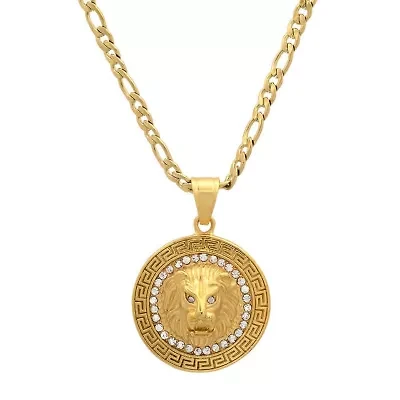 Men's 18k gold plated stainless steel lion head round pendant with simulated diamonds and greek key accents