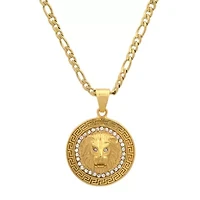 Men's 18k gold plated stainless steel lion head round pendant with simulated diamonds and greek key accents