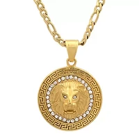 Men's 18k gold plated stainless steel lion head round pendant with simulated diamonds and greek key accents