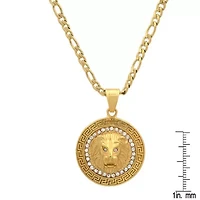 Men's 18k gold plated stainless steel lion head round pendant with simulated diamonds and greek key accents
