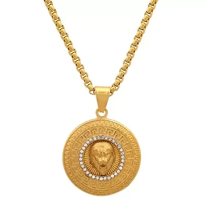 Men's 18k gold plated stainless steel lion head round pendant with simulated diamonds and greek key accents