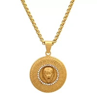 Men's 18k gold plated stainless steel lion head round pendant with simulated diamonds and greek key accents