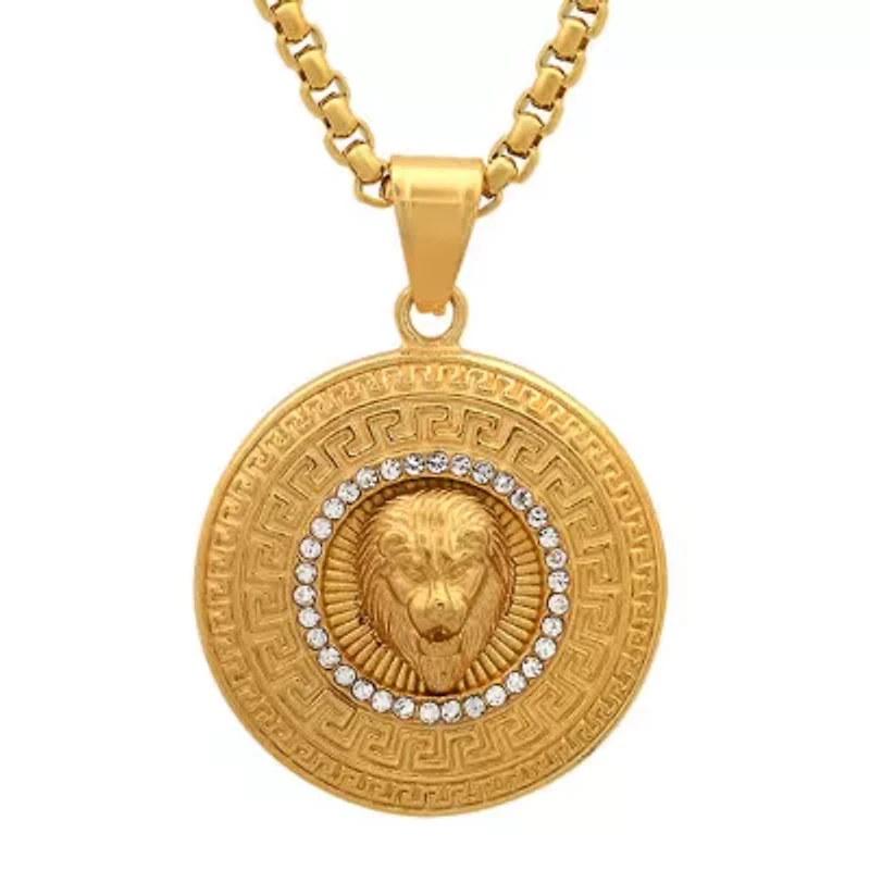 Men's 18k gold plated stainless steel lion head round pendant with simulated diamonds and greek key accents