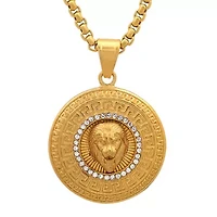 Men's 18k gold plated stainless steel lion head round pendant with simulated diamonds and greek key accents