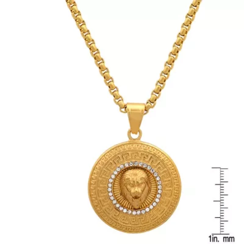 Men's 18k gold plated stainless steel lion head round pendant with simulated diamonds and greek key accents