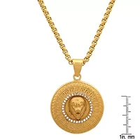 Men's 18k gold plated stainless steel lion head round pendant with simulated diamonds and greek key accents