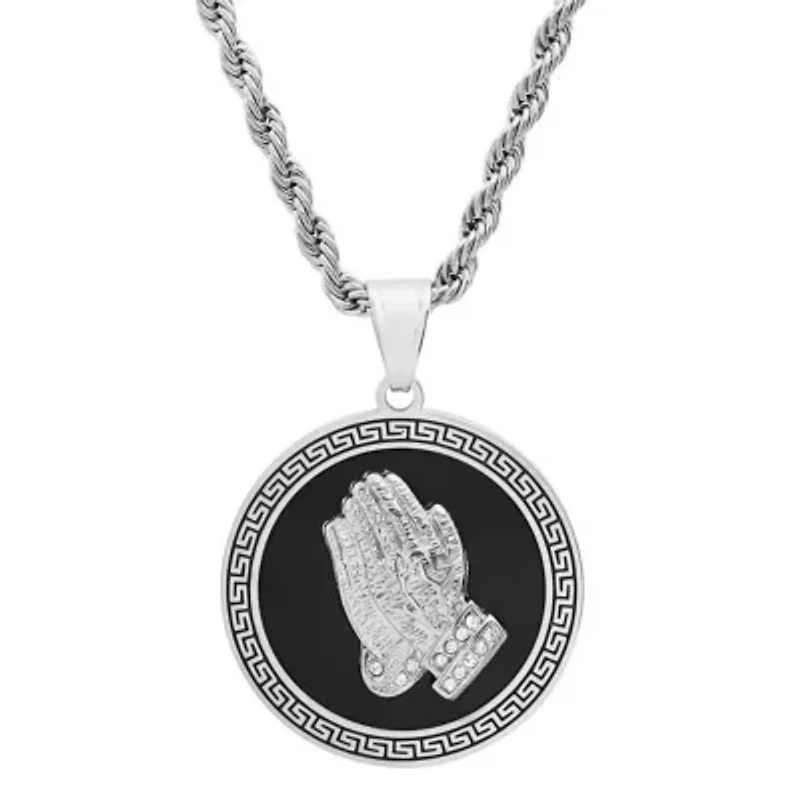 Men's stainless steel and black enamel prayer hands round pendant with greek key accents