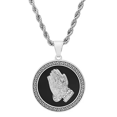 Men's stainless steel and black enamel prayer hands round pendant with greek key accents