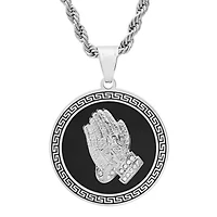 Men's stainless steel and black enamel prayer hands round pendant with greek key accents