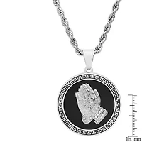 Men's stainless steel and black enamel prayer hands round pendant with greek key accents