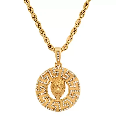 Lab Created Men's 18k gold plated stainless steel round lion's head pendant with simulated diamonds accents