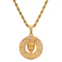 Lab Created Men's 18k gold plated stainless steel round lion's head pendant with simulated diamonds accents