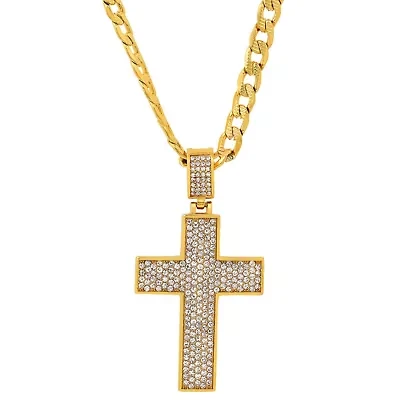 Lab Created Men's 18k gold plated stainless steel and simulated diamonds cross pendant