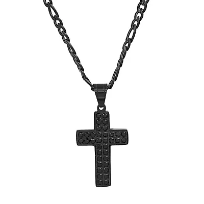 Lab Created Men's black ip stainless steel and simulated black diamonds cross pendant