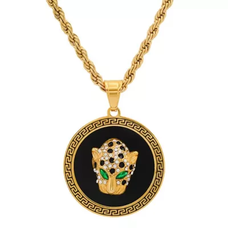 Men's 18k gold plated stainless steel and gree & white simulated diamonds cheetah's head round pendant with greek key accents