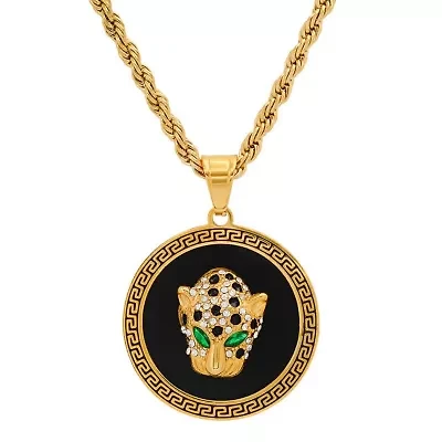 Men's 18k gold plated stainless steel and gree & white simulated diamonds cheetah's head round pendant with greek key accents