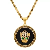 Men's 18k gold plated stainless steel and gree & white simulated diamonds cheetah's head round pendant with greek key accents