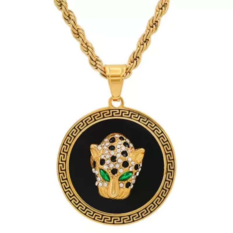 Men's 18k gold plated stainless steel and gree & white simulated diamonds cheetah's head round pendant with greek key accents