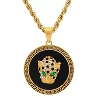 Men's 18k gold plated stainless steel and gree & white simulated diamonds cheetah's head round pendant with greek key accents