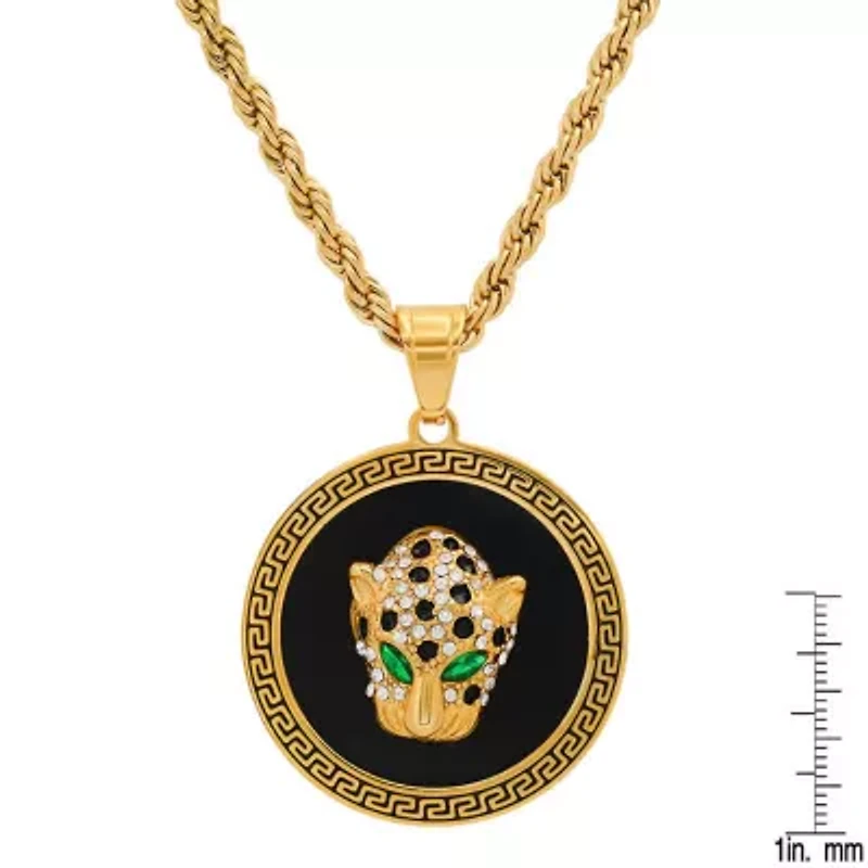 Men's 18k gold plated stainless steel and gree & white simulated diamonds cheetah's head round pendant with greek key accents
