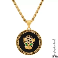 Men's 18k gold plated stainless steel and gree & white simulated diamonds cheetah's head round pendant with greek key accents